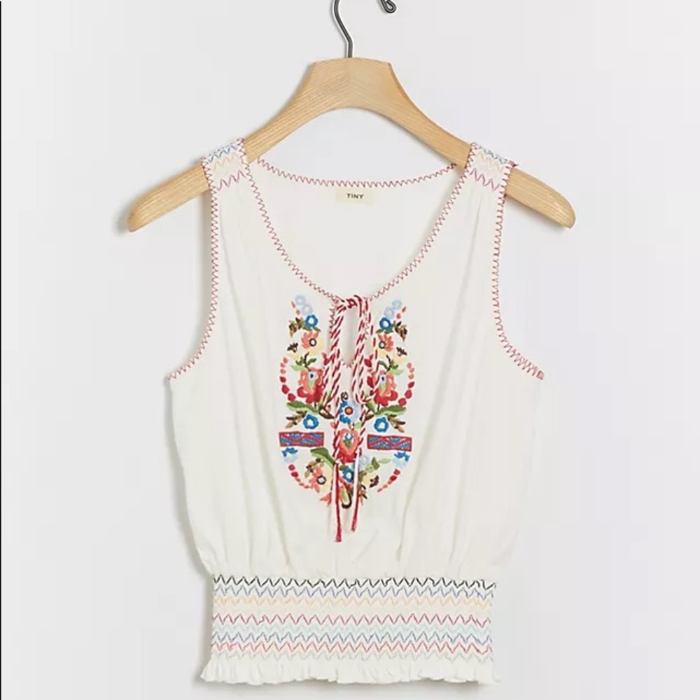 Anthropologie Ivory Embroidered Smocked Tank Top
